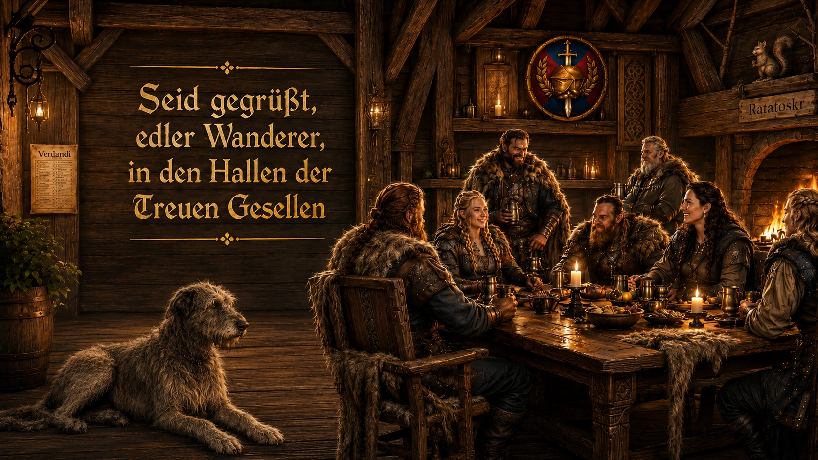 Gemütliche Halle der Treuen Gesellen mit Gefährten an einer langen Tafel
